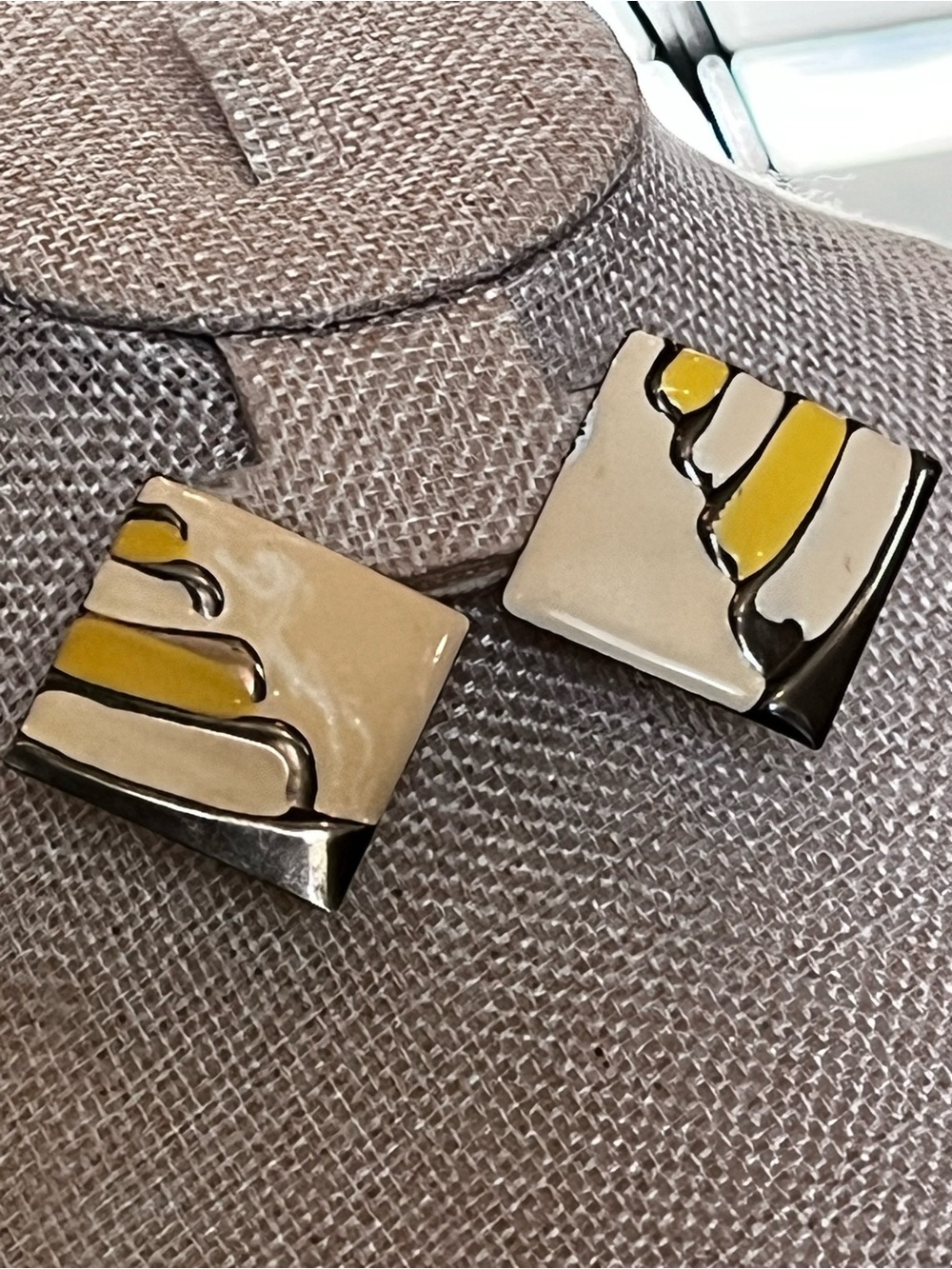 80s Vintage Retro Cream and Yellow Enamel Square Post Earrings